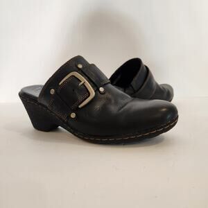 boc BORN CONCEPT Black Brown Leather Heeled Clog Buckle Detail Studded Womens 8